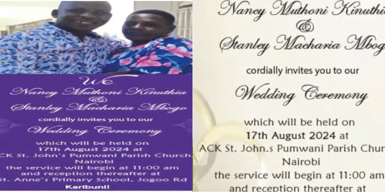 A Photo Of Stanley Masharia Mbogo And Nancy Muthoni Wedding Invitation Card. Photo. Screengrab.