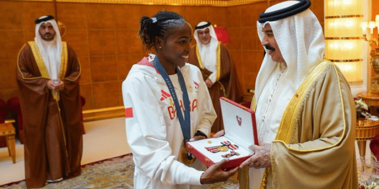 Kenyan-Born And Bahrain Athlete Winfred Yavi Celebrates Winning A Past Race. Photo/Courtesy