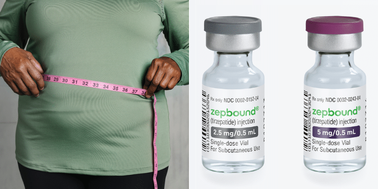 A Side To Side Photo Of A Woman Taking Measurements Of Her Waist And Zepbound Weight Loss Drug. Photo/ Courtesy