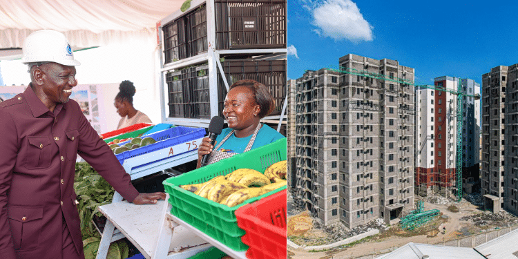 A Collage Of President William Ruto Interacting With A Grocery Vendor And A Photo Of Ongoing Affordable Housing Project. Photo/Courtesy
