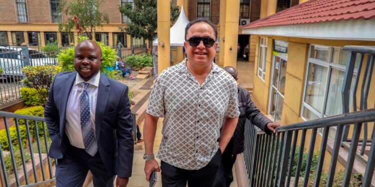 Businessman Yagnesh Devani (Right) And His Lawyer Hillary Kiplagat At The Milimani Law Courts In Nairobi On February 12, 2024.