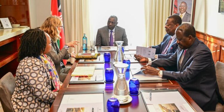 Kenyans President William Ruto, Former Prime Minister Raila Odinga And Prime Cs Musalia Mudavadi During A Meeting With Martina Biele, Volkswagen South Africa Group, Managing Director And Chairperson And Ndulela Canca, Volkswagen Group Africa, Head Of Strategy, In Berlin, Germany On September 14, 2024.