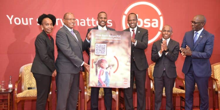 Absa Bank Kenya Country Credit Director Christine Mwai-Marandu, Board Chairman Charles Muchene, State Department Of Environment Ps Dr. Eng. Festus Ngen'O, Absa Bank Kenya Md &Amp; Ceo Abdi Mohamed, Safaricom Ceo Peter Ndegwa And Chairperson Of Global Compact Network Kenya Mr. Martin Ochien’g During The Launch Of The Bank'S 2023 Sustainability Report. Photo/Absa