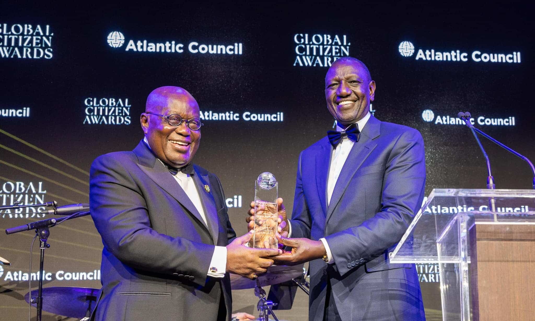President William Ruto (Right) With President Of Ghana Nana Akufo-Addo During The Atlantic Council Of Global Citizen Awards Dinner. Photo/Pcs.