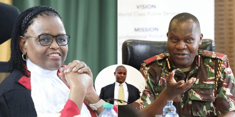 A Collage Featuring Acting Ig Gilbert Masengeli And Chief Justice Martha Koome, With Justice Lawrence Mugambi In The Center.