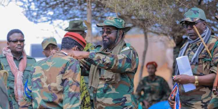 Jubaland Regional State President Ahmed Madobe Rewarding Jubaland Security Forces (Jsf) With Medals And Promotions, For Their Bravery And Victory Against Al Shabaab Terrorists During The Monday 22Nd July 2024 Attempted Dawn Attack Which Saw More Than 103 Terrorists Neutralized And 28 Others Captured Alive. Photo/Ctpkenya