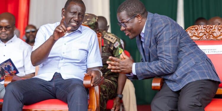 President William Ruto And Kenya'S Former Prime Minister Raila Odinga During Auc Bid Launch At State House Nairobi. Photo/Pcs.