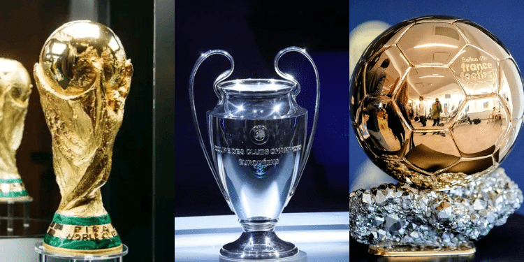 From Left: The World Cup Trophy, Champions League Trophy And The Ballon D'Or Award. Photo/ Fifa/ Uefa Champions League/ Fabrizio Romano