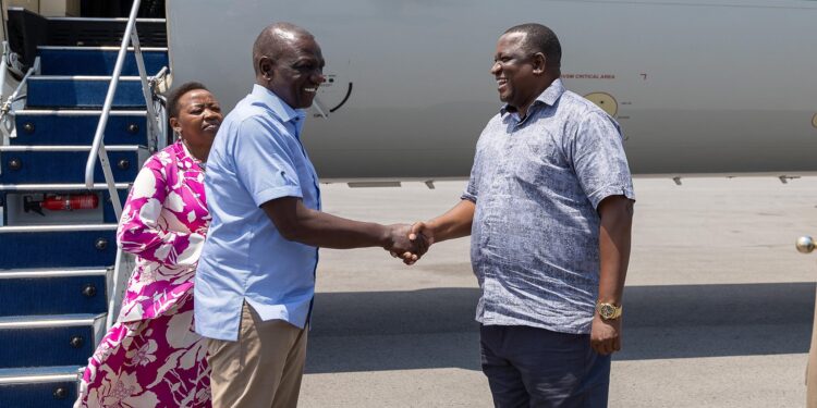 Deputy President Elect Kindiki Receives Ruto Ahead Of Mashujaa Day Celebrations Kindiki, Trade Cs Salim Mvurya Receives President William Ruto And The First Lady Rachel Ruto In Mombasa On October 19, 2024. Photo/ Bianca.