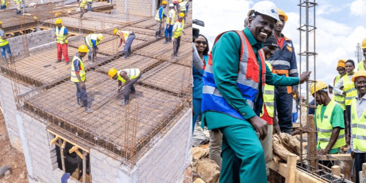 A Photo Collage Showing Affordable Housing Project Units Construction Underway (Left) And President Ruto Laying Foundation At A Uasin Gishu Affordable Housing Project (Right) Photo-Pcs/State House