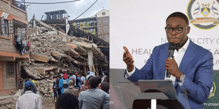 Sakaja Gives Update On Collapsed Kahawa West Building A Photo Collage Of Nairobi Governor Johnson Sakaja And The Collapsed 8-Storey Building In Kahawa West. Photo/ Toshman X/ Sakaja X.