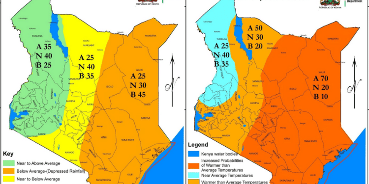A Side By Side Photo Of October To December Rainfall Outlook (Left And Temperature Outlook (Right). Photo/Kmd. A Side By Side Photo Of October To December Rainfall Outlook (Left And Temperature Outlook (Right). Photo/Kmd.