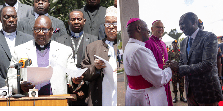 A Photo Collage Of The Ncck Official When Issuing The Demands (Left) And The President William Ruto During The Episcopal Installation Of Rt Rev. Wallace Ng’ang’a Gachihi As The Bishop Of The Military Ordinariate Of Kenya, At The Ulinzi Sports Complex. Photo:ncck/ President Ruto X
