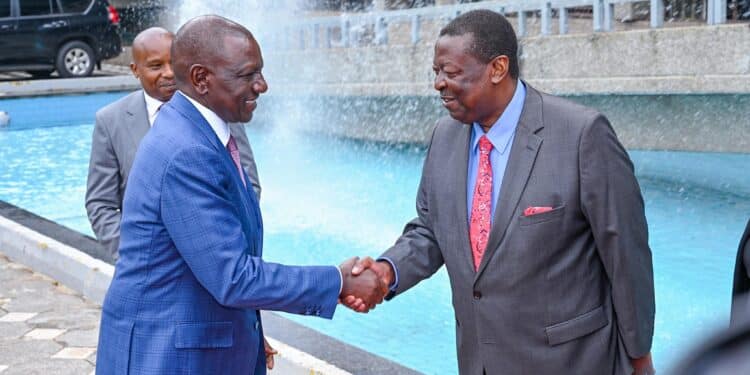 President William Ruto Has Appointed Prime Cs Musalia Mudavadi Shake Hands Before Attending A High-Level Consultative Forum On The Review Of The Kenya Foreign Policy On November 10, 2024.Photo/Pcs.
