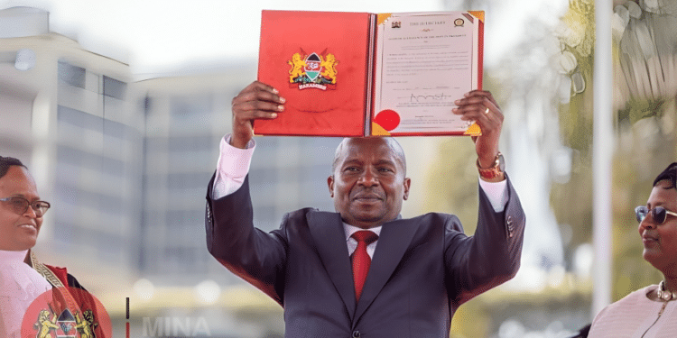 In Pictures: Moments Captured During Kindiki Swearing In Deputy President Prof Kithure Kindiki Displays His Swearin In Certificate At Kicc On November 1, 2024. Looking On Is Chief Justice Martha Koome. Photos/ Interior Ke