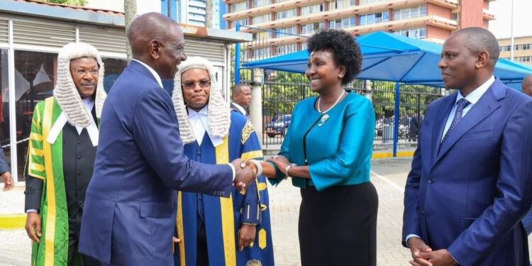President William Ruto Shakes Hands With Deputy Speaker Glady Boss Shollei At Parliament Buildings On November 21,2024. Photo/Shollei X. 