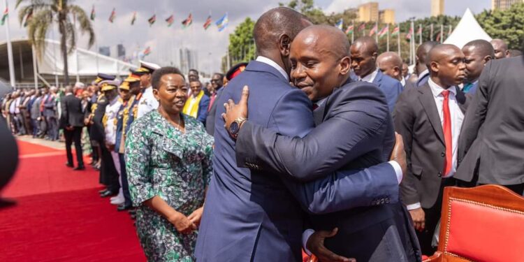 President Ruto'S Official Speech During Kindiki Swearing-In President William Ruto And Dp Kithure Kindiki Hug After Being Sworn-In At Kicc. Photo/Pcs.