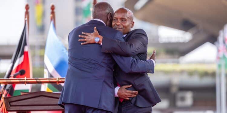 President William Ruto Hugging Kithure Kindiki. Photo/ Dpcs