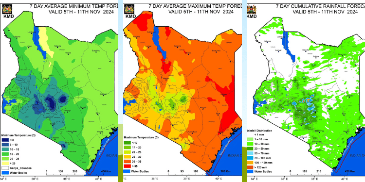 Weather, Kenya Met 7 Day Cumulative Rainfall Forecast (Left) And Average Maximum Temperature Forecast (Right) For The Period Between October 29 And November 4,2024. Photo/ Kmd.