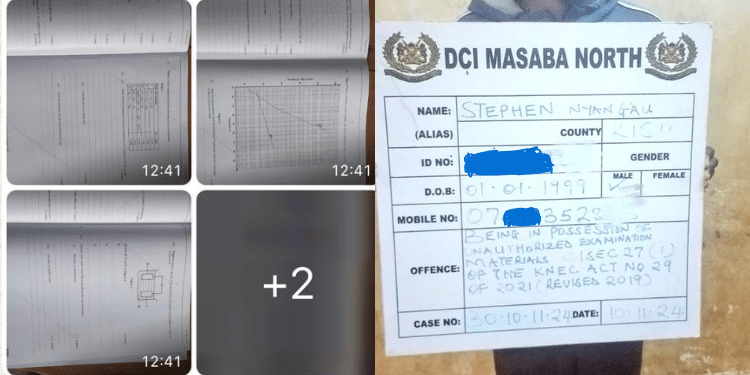 A Photo Collage Of Stephen Nyang'Au Mbeche Arrest Charge Sheet And Sample Of Kcse Papers Posted On His Telegram Group. Photo/Dci.