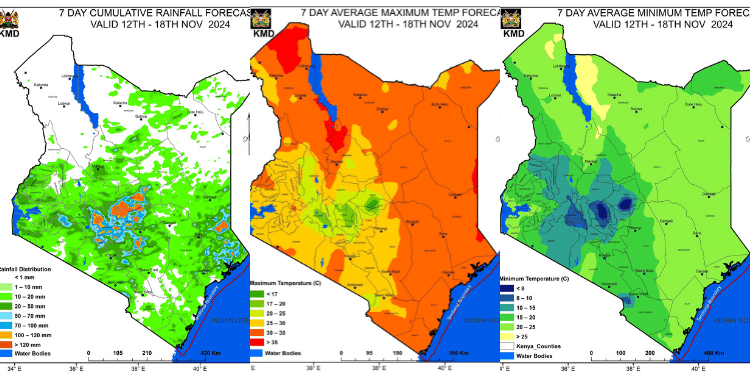 Weather, Kenya Met 7 Day Cumulative Rainfall Forecast (Left) And Average Maximum Temperature Forecast (Right) For The Period Between October 29 And November 4,2024. Photo/ Kmd.