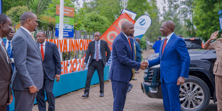 Cabinet Secretary For The Ministry Ofyouth Affairs, Creative Economy, And Sports Kipchumba Murkomen Welcomes President Ruto At The Kenya Innovation Week 2024. Photo/ Kiw