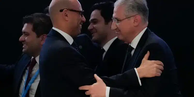 Mukhtar Babayev, Cop29 President, Right, Embraces Simon Stiell, United Nations Climate Chief, After Gaveling A Deal For Money To Curb Climate Change At The Cop29 U.n. Climate Summit, Nov. 24, 2024, In Baku, Azerbaijan. 