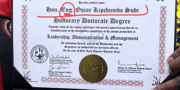 Engineers President Blasts Sudi Over His Title Kapseret Mp Oscar Sudi Making A Speech Before Receiving An Honorary Degree From Northwestern Christian University At Eldoret Polytechnic On December 21, 2024. Photo/Sudi Facebook.