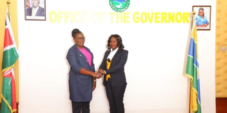 Meru Governor Kawira Mwangaza Shakes Hands With Virginia Kawira Miriti After She Took Oath Of Office As The Secretary And Ceo Of Meru County Public Service Board On August 30, 2023. Photo/ Mwangaza X.