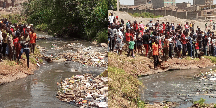 Onlookers Spotted At The Scene Near The River. Photo/ Kariobangi Social Justice Centre