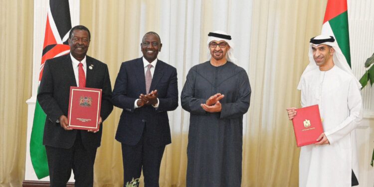 President William Ruto Prime Cs Musalia Mudavadi After Signing Uae Trade Deal .Photo/ Pcs