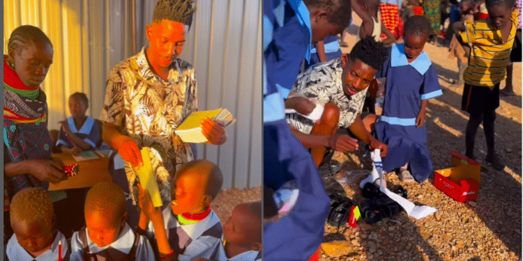 Photo Collage Of Eric Omondi Issuing Learning Items At The Newly Built Teacher Kamaret School In Turkana County. Photo/ Screengrab