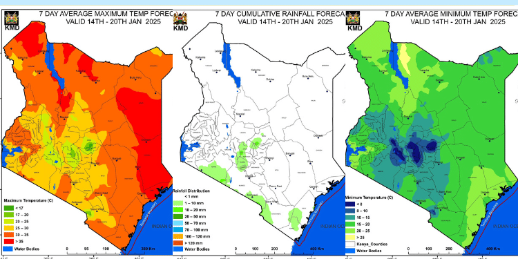 Kenya Met 7-Day Temperature And Rainfall Forecast. Photo/Kmd.