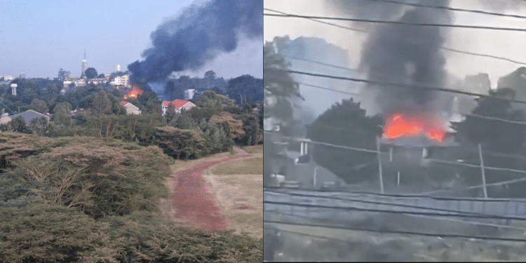 A Photo Showing Residents Gathered At The Moi Girls High School Gate During The Incident, With The Storey Building Engulfed In Flames. Photo/Ugc.