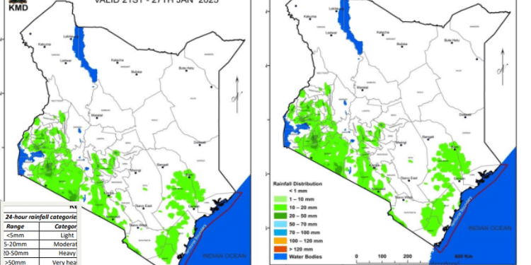 Kenya Met Rainfall Forecast For The Period Between 21St And 27Th January 2025. Photo/ Kmd