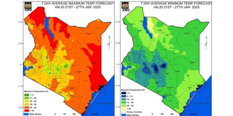 Kenya Met Average Maximum And Minimum Temperature Forecast For The Period Between 21St And 27Th January 2025. Photo/ Kmd