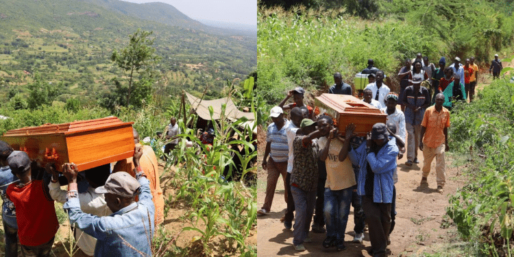 Politicians On The Spot As Poor Roads Force Kenyans To Carry Body For 3 Kilometers Residents Of Kaumoni In Ukia Ward, Makueni County Carrying The Body Of Stephen Musyoka On Their Shoulders. Photo/ Ngoso News.