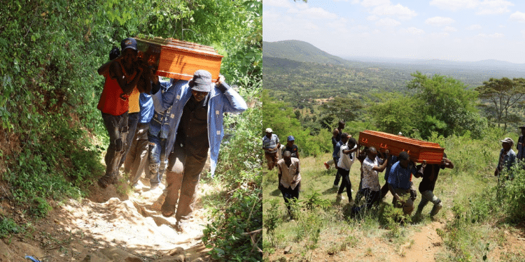 Politicians On The Spot As Poor Roads Force Kenyans To Carry Body For 3 Kilometers Residents Carrying The Body Of Stephen Musyoka On Their Shoulders In Ukia Ward In Makueni County. Photo/ Ngoso News. Makueni