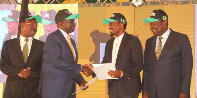 Bishop Forces Ruto Ally To Cut Short Speach After Attacking Uhuru President William Ruto Shakes Hands With Tsp Leader Mwangi Kiunjuri, Flanked By National Assembly Speaker Moses Wetangula (Left) And Prime Cs Musalia Mudavadi (Right) On April 12, 2022, At Ngong Racecourse In Nairobi After Signing An Agreement. Photo/ Edward Kiplimo, Standard.
