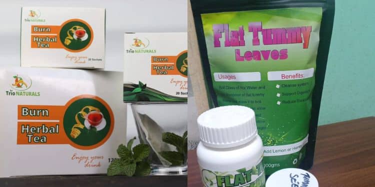 A Collage Of Weight Loss Pills And Tummy Slimming Tea. 