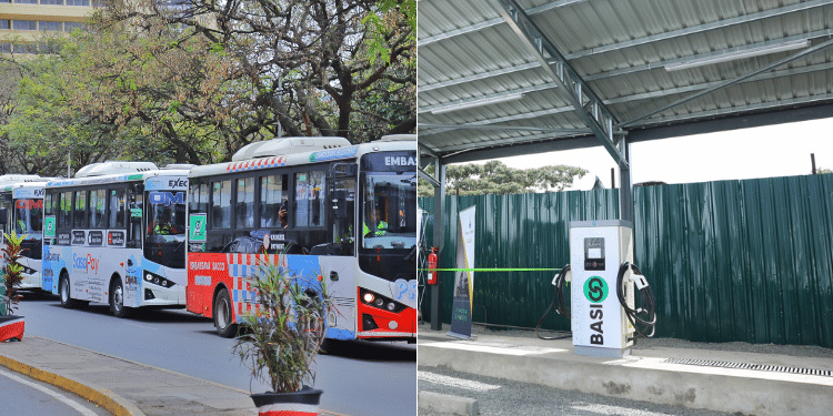 Basigo Announces Opportunities For Kenyans To Host Charging Stations; How To Apply A Collage Of A Fleet Of Basigo Buses And A Charging Station In Nairobi. Photos/ Basigo