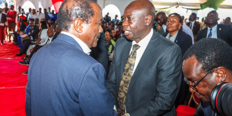 Former Dp Rigathi Gachagua Greets Wiper Party Leader Kalonzo Musyoka During The Requiem Service For The 21 Children Who Died In The Hillside Endarasha Academy Fire On September 5, 2024, At Mweiga Stadium, Nyeri County, On September 26, 2024. Photo/ Joseph Kanyi/ Nmg.