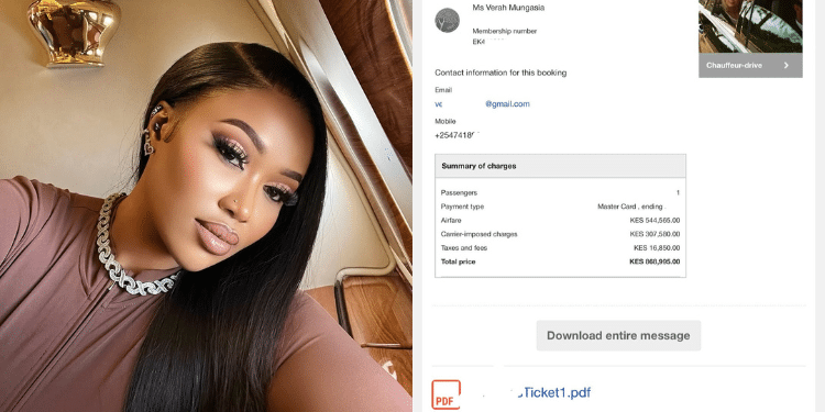 Collage Of Vera Sidika And Her Flight Charges Receipt. Photo/Sidika Ig