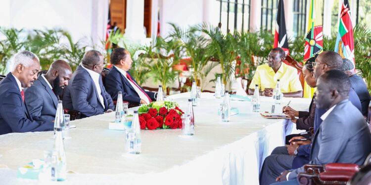 President William Ruto During A Meeting With Chairman Of Taqadum And Former Prime Minister Of Sudan Abdalla Hamdok, Chairman Of Sudan Liberation Movement Abdul Wahid Al-Nur And Chairman Of Sudan Liberation Movement-North Abdelaziz Al Hilu At State House , Nairobi On May 18, 2024. Photo/Pcs.