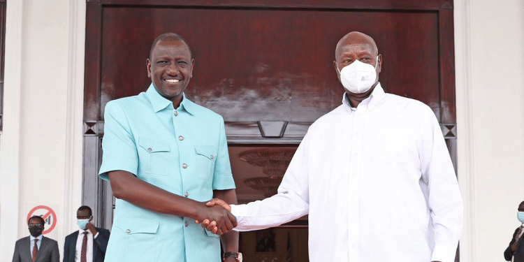 President William Ruto Of Kenya And President Yoweri Museveni Of Uganda Shake In August 2023 At State House Uganda. Photo/Pcs. Nuclear Power