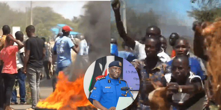 Residents Of Barwesa In Baringo County Protesting On February 10, 2025, And A Circle Of Police Ig Douglas Kanja. Photo/ Screengrab Citizen Tv.