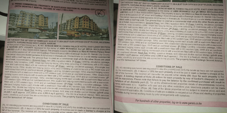 Apartment Hosting Hotel With Monthly Rent Of Ksh2 Million Put Up For Auction A Photo Collage Garam Investment Auctioneers Advert Announcing The Auction Of New Al-Hamdu Palace Hotel In Eastleigh, Nairobi.