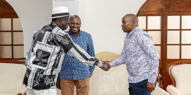 Former Prime Minister Raila Odinga Greets Dp Kithure Kindiki With National Assembly Majority Leader Kimani Ichung’wah Starring During A Meeting At State House Mombasa On February 24, 2025. Photo/ Kimani Ichung’wah X.