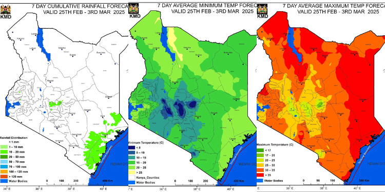 Weather, Kenya Met Rainfall And Temperature Forecast For The Period Between February 25 To March 3, 2025. Photo/Kmd.