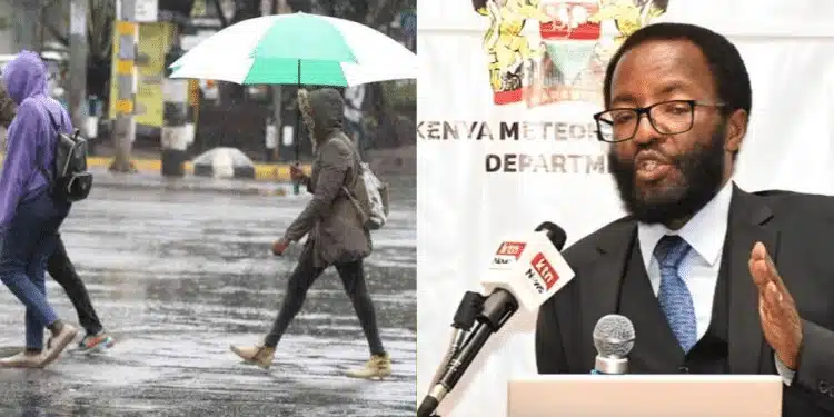 A Photo Collage Of Kenya Met Department Director David Gikungu And Nairobians Walking To Work After Sudden Short Morning Rains In March 2023. Photo /Kenya Met-Standard.